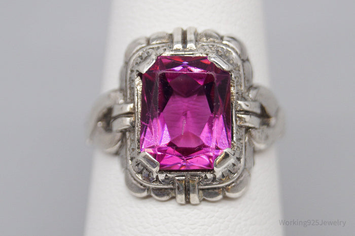 Antique Art Deco Pink Stone Sterling Silver Ring - Size 6.25