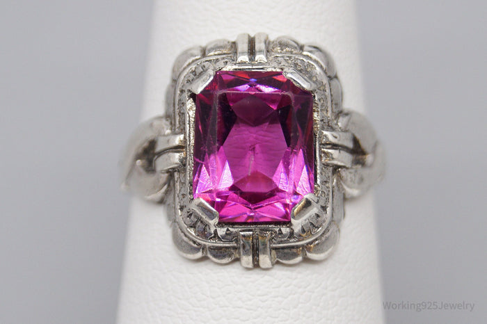 Antique Art Deco Pink Stone Sterling Silver Ring - Size 6.25
