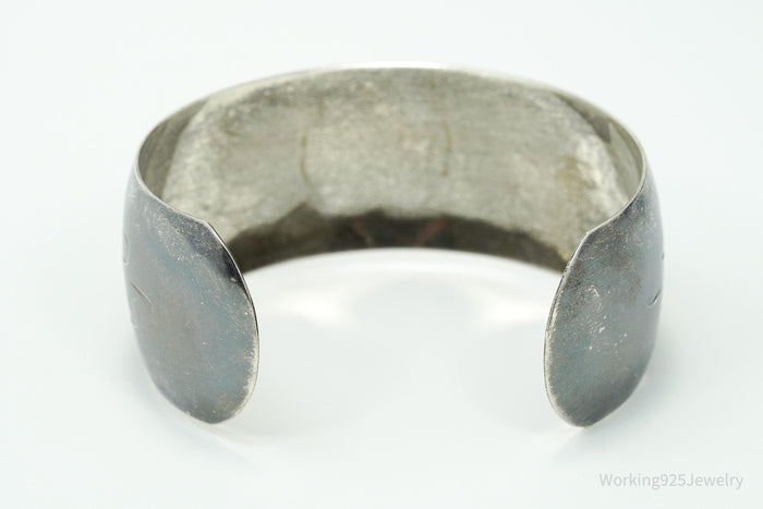 Antique Art Nouveau Floral Etched Sterling Silver Cuff Bracelet - 7 5/8"