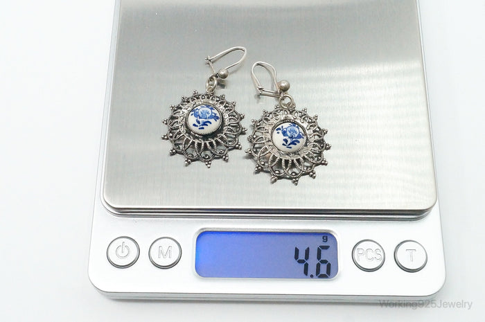 Antique Blue And White Porcelain Floral Pattern Silver Earrings