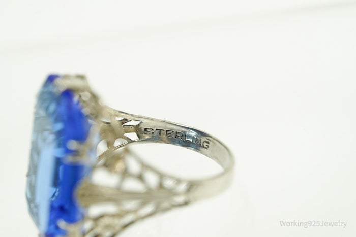 Antique Blue Art Glass Sterling Silver Ring - Size 5.25