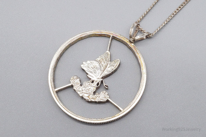 Antique Butterfly Cut Silver Coin Turned Pendant Sterling Silver Necklace 24"