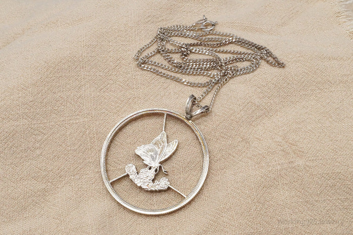 Antique Butterfly Cut Silver Coin Turned Pendant Sterling Silver Necklace 24"