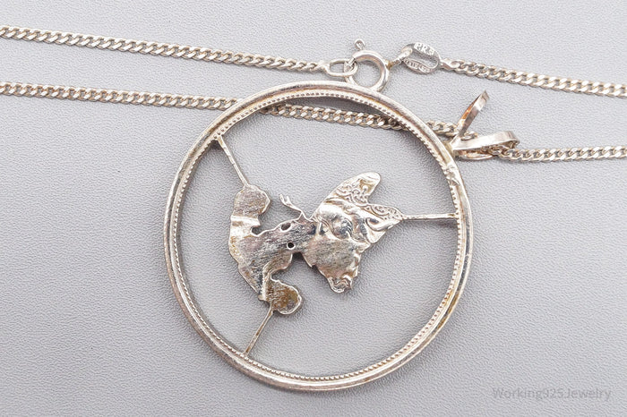 Antique Butterfly Cut Silver Coin Turned Pendant Sterling Silver Necklace 24"