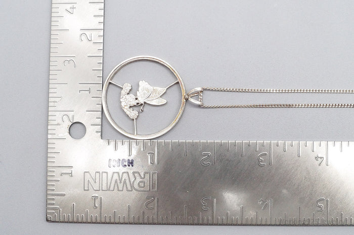 Antique Butterfly Cut Silver Coin Turned Pendant Sterling Silver Necklace 24"