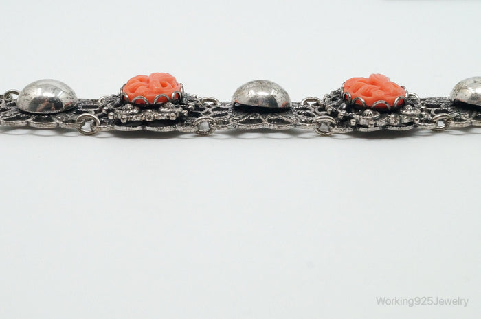 Antique Carved Coral Sterling Silver Bracelet