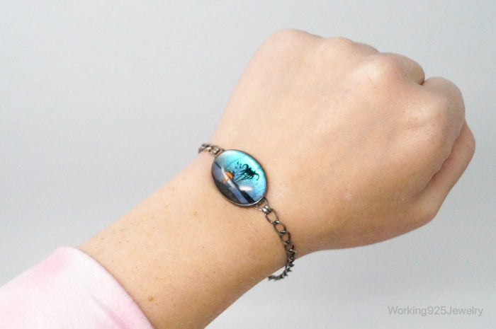 Antique Designer Hoffman Butterfly Wing Beach Scene Sterling Silver Bracelet