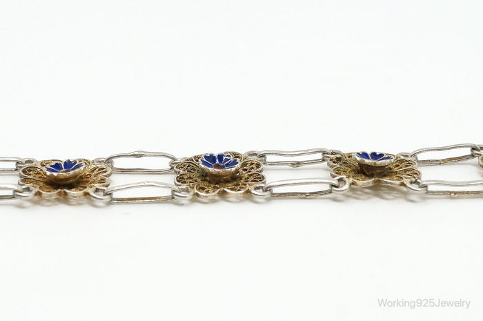 Antique Enamel Flowers 835 Silver Filigree Bracelet