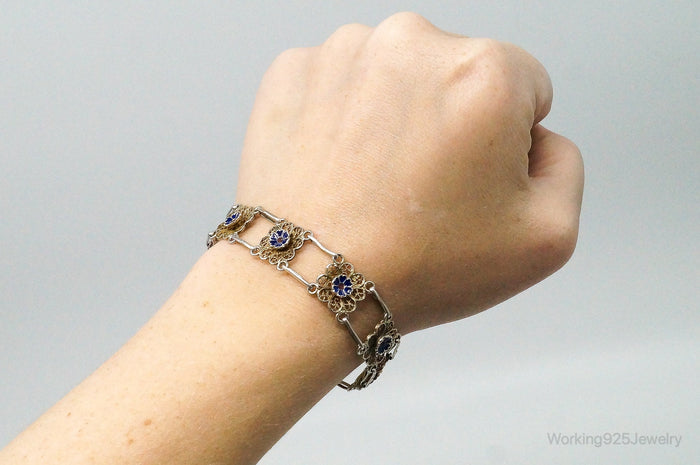 Antique Enamel Flowers 835 Silver Filigree Bracelet