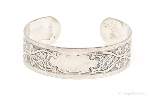 Antique Etched Art Nouveau Sterling Silver Cuff Bracelet