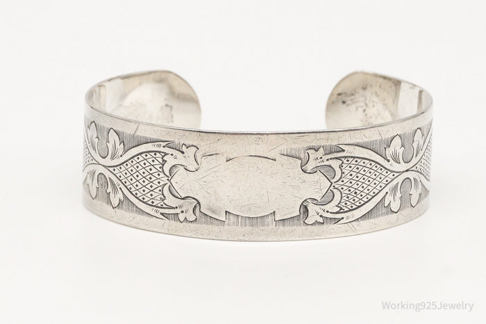 Antique Etched Art Nouveau Sterling Silver Cuff Bracelet