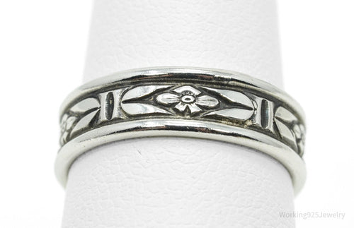 Antique Floral Pattern Silver Band Ring - Size 5