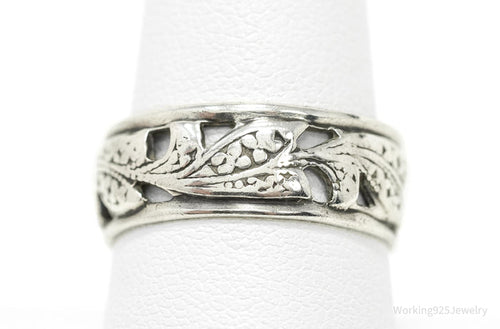 Antique Floral Pattern Sterling Silver Band Ring - Size 9.25