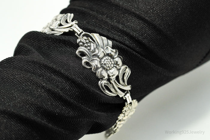Antique Floral Sterling Silver Bracelet 7.75"