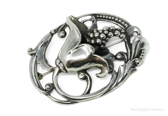 Antique Floral Sterling Silver Brooch Pin 2.5"