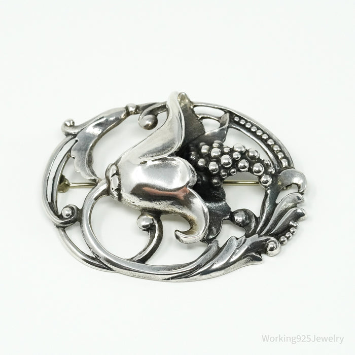 Antique Floral Sterling Silver Brooch Pin 2.5"