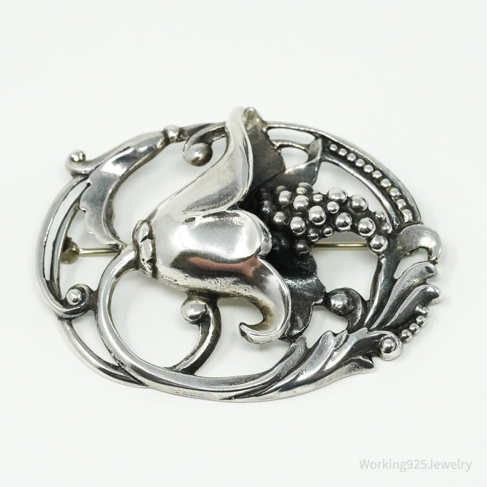 Antique Floral Sterling Silver Brooch Pin 2.5"