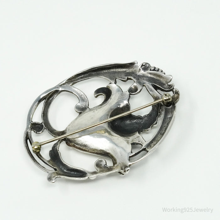 Antique Floral Sterling Silver Brooch Pin 2.5"