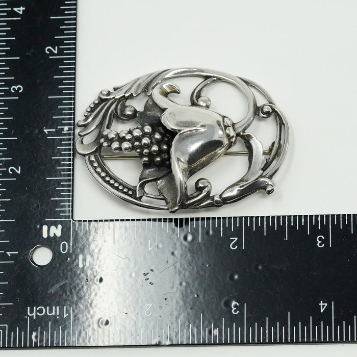 Antique Floral Sterling Silver Brooch Pin 2.5"