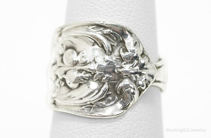 Antique Floral Sterling Silver Spoon Ring - Size 5.25