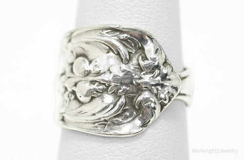 Antique Floral Sterling Silver Spoon Ring - Size 5.25