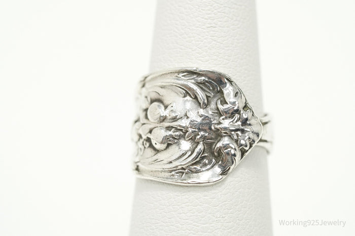 Antique Floral Sterling Silver Spoon Ring - Size 5.25