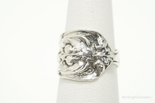 Antique Floral Sterling Silver Spoon Ring - Size 5.25