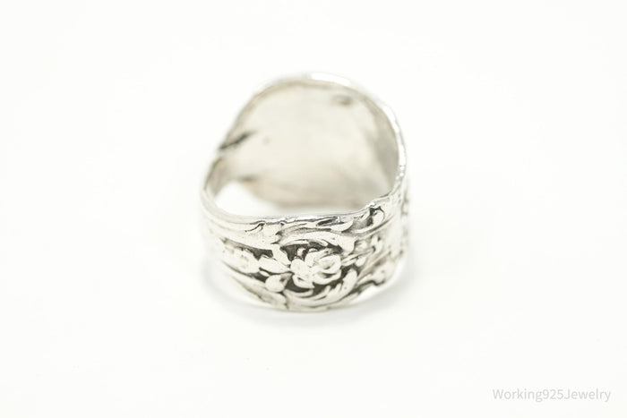 Antique Floral Sterling Silver Spoon Ring - Size 5.25