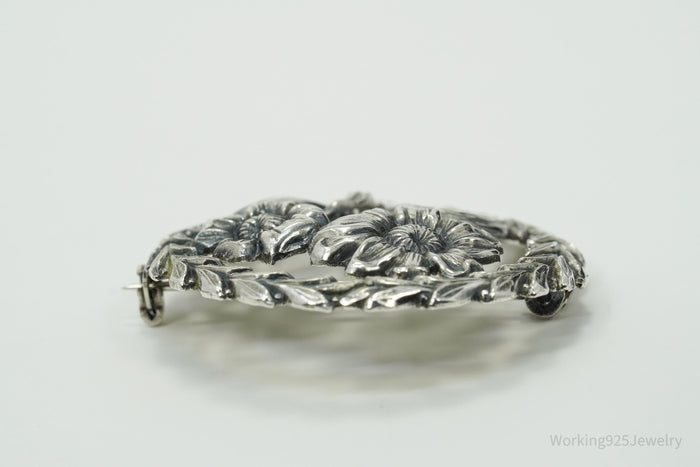 Antique Floral Wreath Sterling Silver Brooch Pin