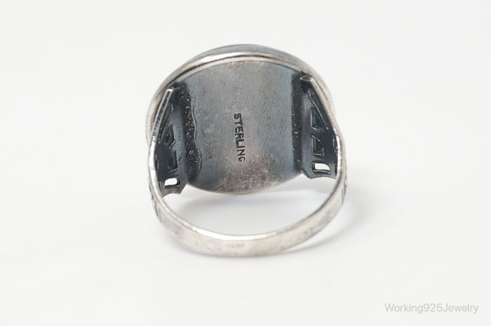 Antique Glass Butterfly Wing Beach Scene Sterling Silver Ring - Sz 6