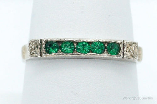 Antique Green Rhinestone Sterling Silver Ring - Size 8