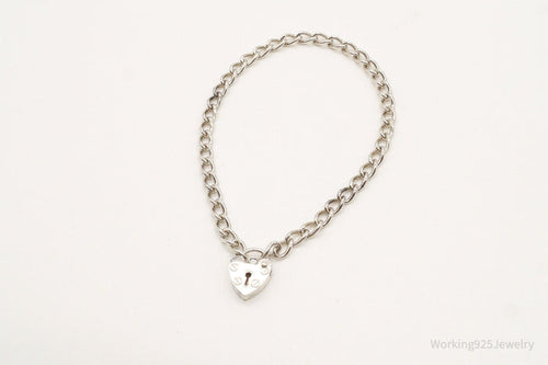 Antique Heart Lock Charm Lover Sterling Silver Chainlink Bracelet