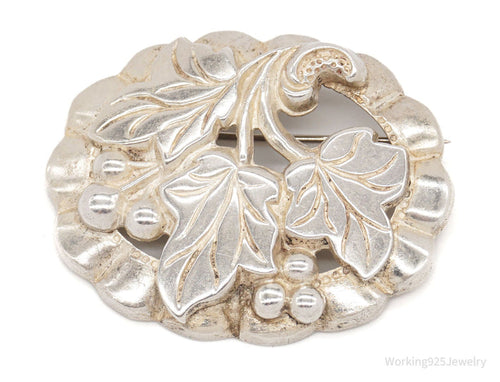 Antique Ivy & Berries Repousse Sterling Silver Pin Brooch