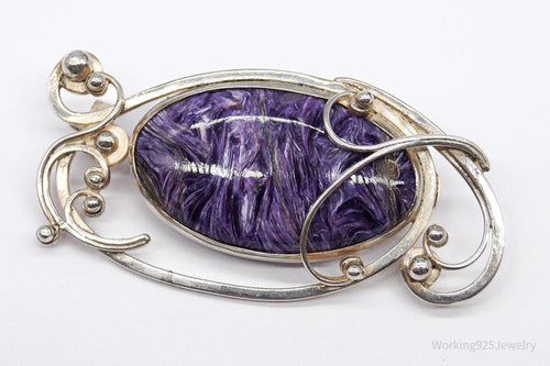 Antique Large Charoite Modernist Style Sterling Silver Russian Brooch Pin