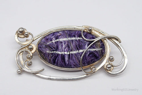 Antique Large Charoite Modernist Style Sterling Silver Russian Brooch Pin