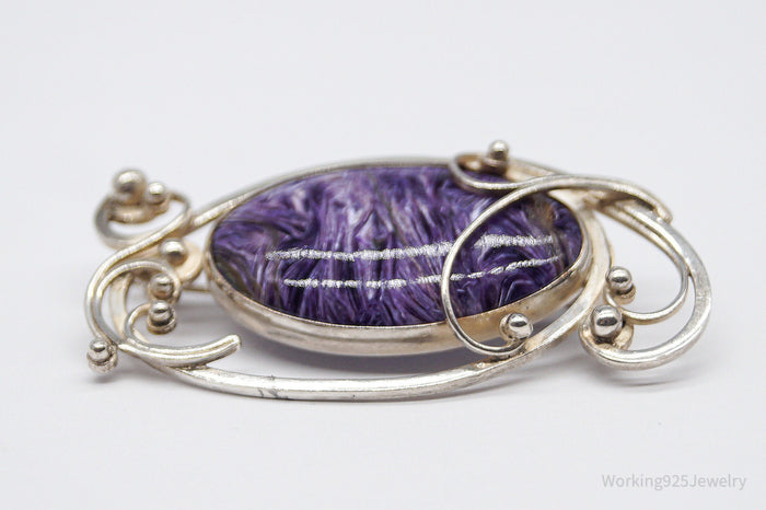 Antique Large Charoite Modernist Style Sterling Silver Russian Brooch Pin