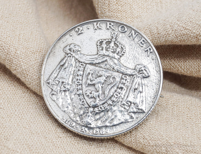 Antique Norway 1906 Silver 2 Kroner Silver Coin Brooch Pin