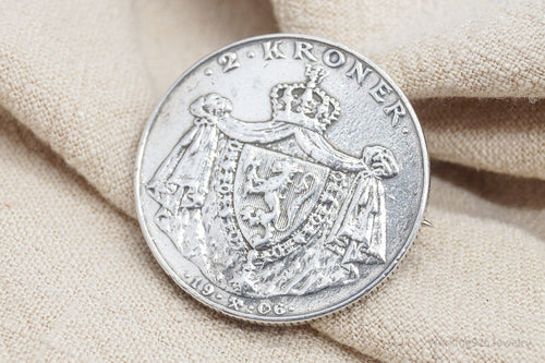 Antique Norway 1906 Silver 2 Kroner Silver Coin Brooch Pin