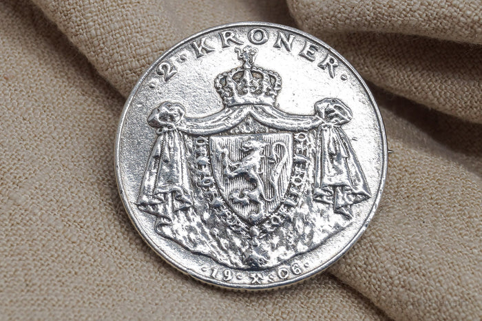 Antique Norway 1906 Silver 2 Kroner Silver Coin Brooch Pin