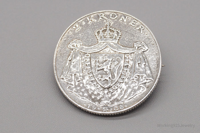 Antique Norway 1906 Silver 2 Kroner Silver Coin Brooch Pin