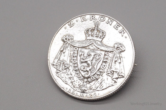 Antique Norway 1906 Silver 2 Kroner Silver Coin Brooch Pin
