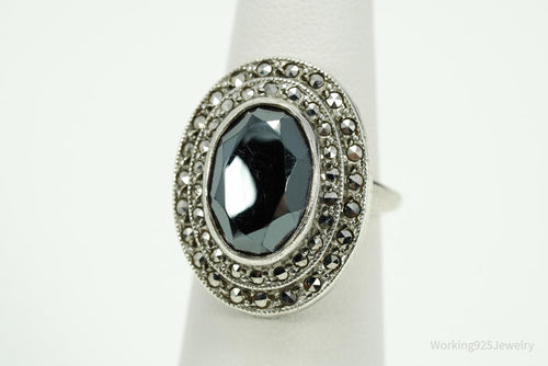 Antique Uncas MFG CO Hematite & Marcasite Sterling Silver Ring Size 6.75