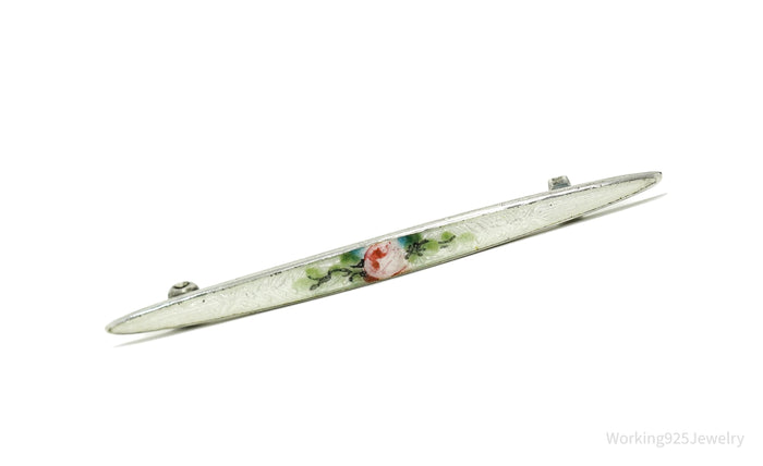 Antique Victorian Rose Guilloche Enamel Sterling Silver Brooch Pin