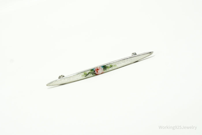 Antique Victorian Rose Guilloche Enamel Sterling Silver Brooch Pin