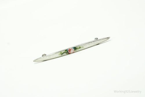 Antique Victorian Rose Guilloche Enamel Sterling Silver Brooch Pin