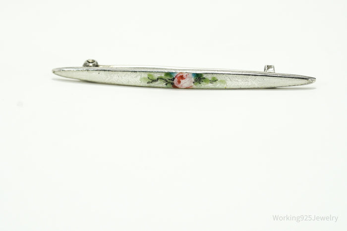 Antique Victorian Rose Guilloche Enamel Sterling Silver Brooch Pin