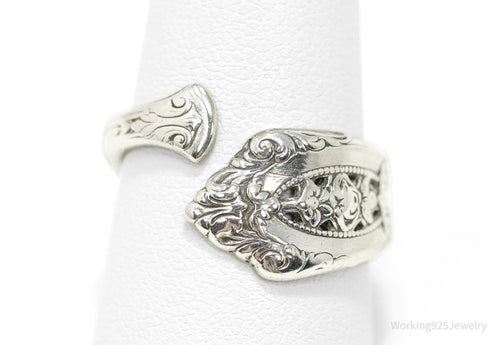 Antique WALLACE Floral Sterling Silver Spoon Ring - Size 9.5