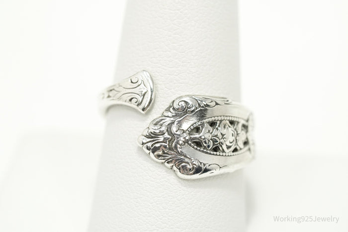 Antique WALLACE Floral Sterling Silver Spoon Ring - Size 9.5