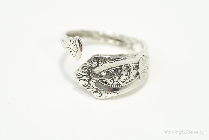 Antique WALLACE Floral Sterling Silver Spoon Ring - Size 9.5