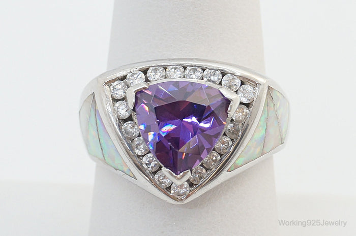 Art Deco Amethyst Opal Cubic Zirconia Sterling Silver Ring - Size 7.5